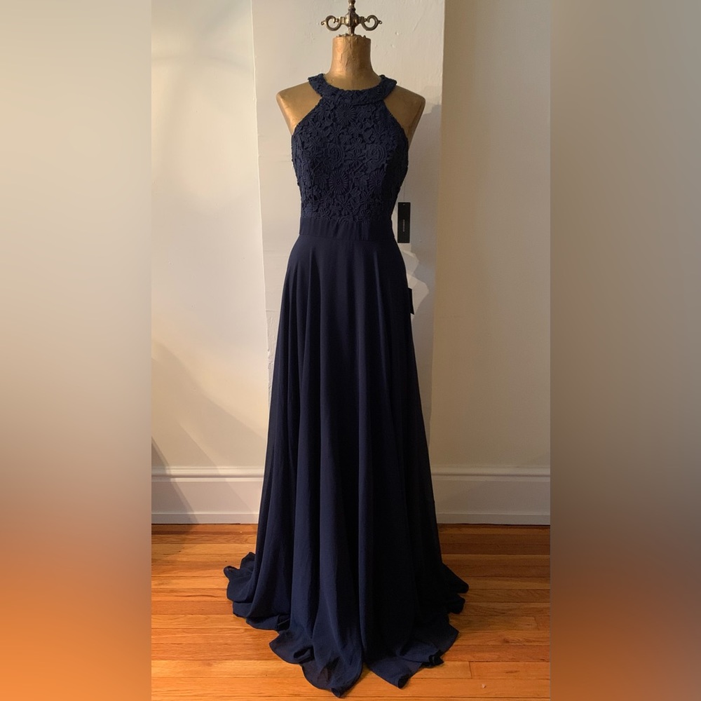 LULUS Navy Chiffon & Lace Long Dress NWT